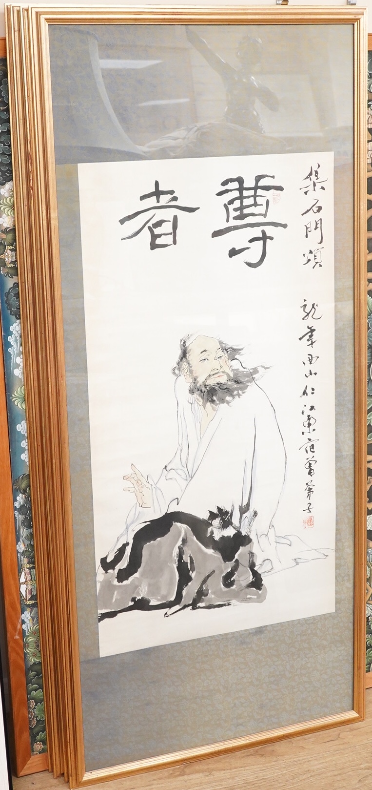 Contemporary, Japanese School, set of four figural scroll prints, with character and red seal marks, 94 x 51cm, framed